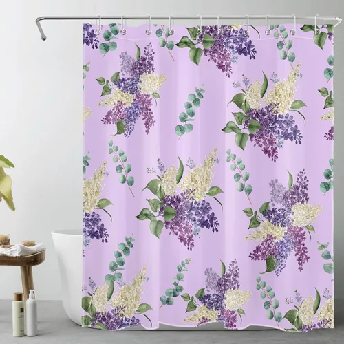 Miniatura 20 de EOBTAIN Cortina de ducha floral púrpura para baño, flores de acuarela y hojas de eucalipto verde sobre beige, cortina de ducha con 10 ganchos, juego