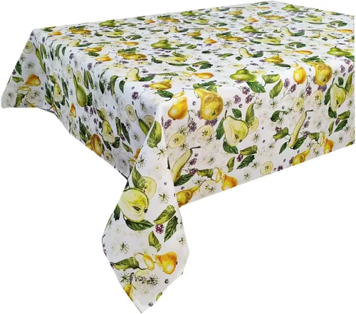 Violet Linen Patrón de flores de peras europeas, tela impresa tejida de poliéster, peras, 60 pulgadas por 84 pulgadas, asientos de 6 a 8 personas,