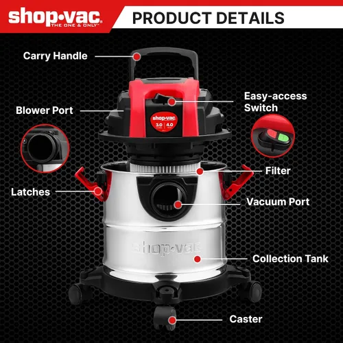 Miniatura 7 de Shop-Vac Aspiradora húmeda/seca de 3 galones y 4.0 HP con función de soplador, tanque de acero inoxidable, aspiradora portátil con ruedas, incluye