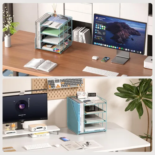 Miniatura 3 de Organizador de archivos de escritorio azul y accesorios, organizador de papel de 4 niveles con soporte para archivos vertical, accesorios de Azul