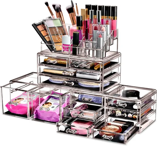 Sorbus Organizador Grande de Maquillaje - Organizador Transparente y Apilable de Joyería y Maquillaje para Tocador, Almacenamiento de Baño, Cajonera