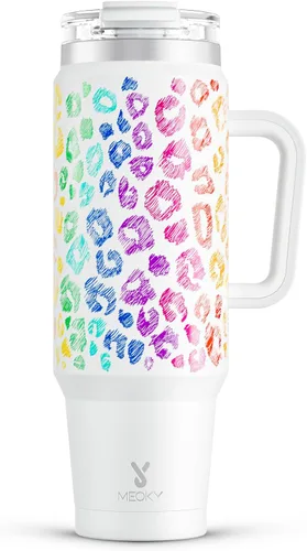 Miniatura 20 de Meoky Vaso de 40 onzas con asa y pajita, vaso aislado con tapa y popote, taza de viaje de acero inoxidable, mantiene el frío durante 34 horas, 100%