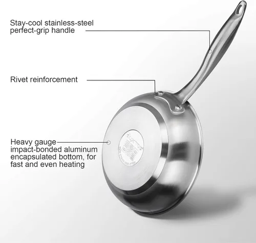 Miniatura 2 de Duxtop Sartén de acero inoxidable de tres capas con mango que se mantiene fresco, sartén profesional de 8 pulgadas con parte inferior magnética