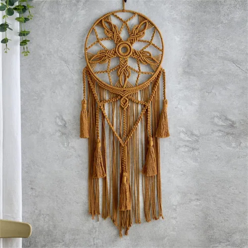 Miniatura 3 de Tapiz de atrapasueños, bohemio, macramé, tejido de algodón, hecho a mano, arte bohemio con borlas, adorno para dormitorio, sala de estar, Marrón
