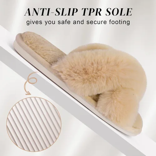 Miniatura 4 de Parlovable Pantuflas peludas para mujer, cómodas con banda cruzada, zapatos de casa de espuma viscoelástica con punta abierta, regalos