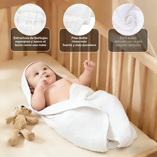 Miniatura 7 de Sunny zzzZZ Toallas de baño de muselina con capucha para bebé, paquete de 3 toallas 100% algodón suaves de baja saturación pastel, incluyendo blanco