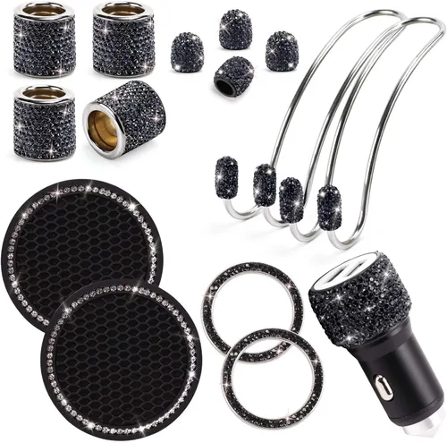 Miniatura 8 de ToBeQueen Juego de accesorios de automóvil con brillos para mujer y niña, collares para reposacabezas de automóvil con brillos, cargador