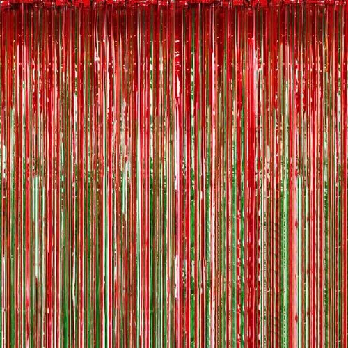 Miniatura 7 de Paquete de 6 cortinas de flecos de aluminio, decoración de fiesta de Navidad, cortinas brillantes metálicas rojas y verdes, 3.28 x 8.2 pies
