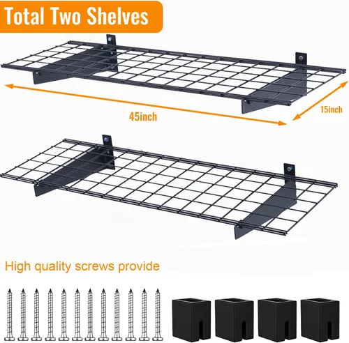 Miniatura 3 de Wallmaster Paquete de 2 estantes de pared de garaje resistentes de 15 x 45 pulgadas, 45 x 15 pulgadas, estantes flotantes para montaje en pared