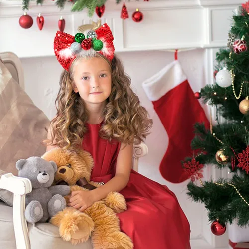 Miniatura 7 de Ecuupas Diadema de Navidad con lazo para el pelo, color rojo, brillante, verde, campana, diseño de tocado para mujeres, niñas, niños, invierno