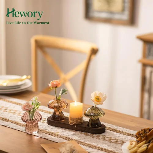 Miniatura 4 de Hewory Estaciones de propagación de vidrio para plantas: jarrones de hongos ámbar con soporte de madera para decoración del hogar - Jarrones