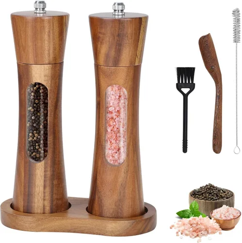 Miniatura 8 de Juego de molinillo de sal y pimienta de madera, molinillo manual de sal y pimienta de 8 pulgadas con cepillo y cuchara, grosor ajustable, molinillo