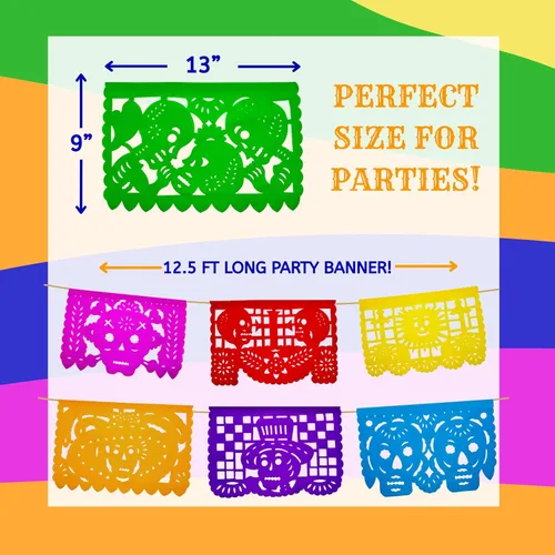 Miniatura 5 de Dia de los Muertos Papel Picado (PAPEL) – Decoración de fiesta del Día de Muertos (paquete de 4, 10 banderas por bandera) – Papel Picado Mexicano
