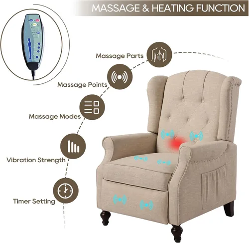 Miniatura 3 de Silla reclinable PALLOME con respaldo alto, asiento con masaje y calor, tapizado de tela, con respaldo acolchado, silla reclinable para sala de Beige