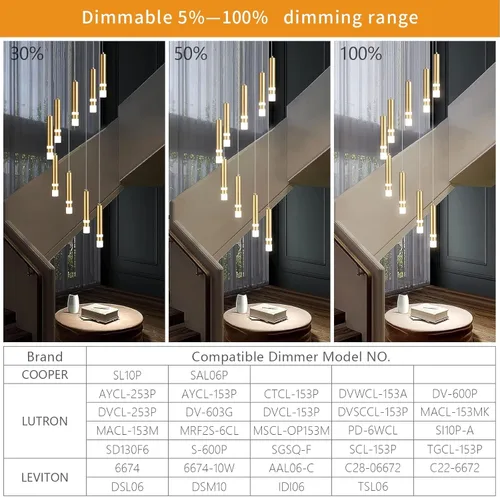 Miniatura 7 de Lámpara de techo colgante moderna de 9 luces regulable LED 54W dorada, gran lámpara de araña para escalera, vestíbulo, sala de estar, dormitorio