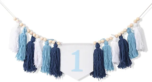 Miniatura 12 de Cartel de primer cumpleaños, tema de borla rosa para niña, decoración de fiesta de primer cumpleaños, telón de fondo de fotos, para colgar en la Azul