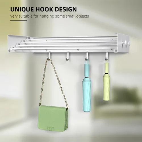 Miniatura 4 de Tendedero de secado para ropa, montaje en pared, plegable, plegable, capacidad de 60 libras, 5 postes de aluminio con 6 ganchos