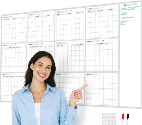 Calendario de borrado en seco para pared, calendario de pared anual de borrado en seco, 34 x 58 pulgadas, calendario en blanco sin fecha de 12