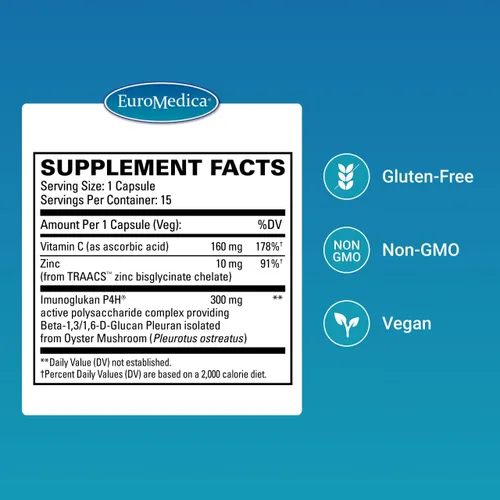 Miniatura 2 de EuroMedica ImunoPleuran Extra Strength - Suplemento de salud respiratoria superior - Pleurano procedente de hongos - con vitamina C y zinc - Vegano