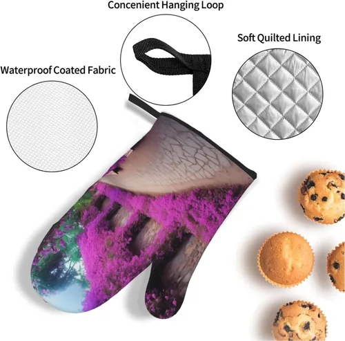 Miniatura 6 de Juego de guantes de horno y soportes para ollas con estampado floral morado, guantes de horno resistentes al calor y almohadillas calientes