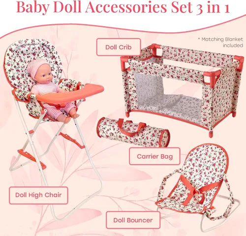 Miniatura 4 de Conjunto de accesorios para muñeca bebé floral, cuna para muñeca de 3-1, silla alta y asiento rebotador para muñeca. Accesorios para muñeca de 18