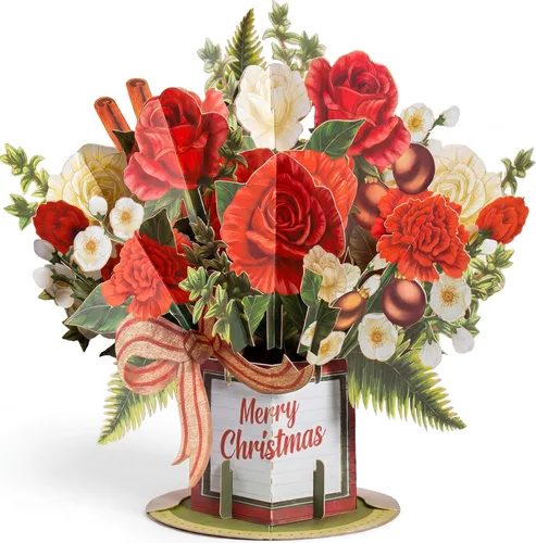 Paper Love Tarjeta de Navidad desplegable, ramo de flores 3D con recuerdo, regalo de decoración navideña, 10 x 7 pulgadas con sobre y etiqueta de