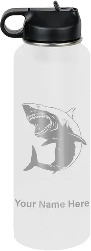 Miniatura 55 de LaserGram Botella de agua personalizada, gran tiburón blanco, acero inoxidable de doble pared aislada al vacío con popote superior, regalo grabado