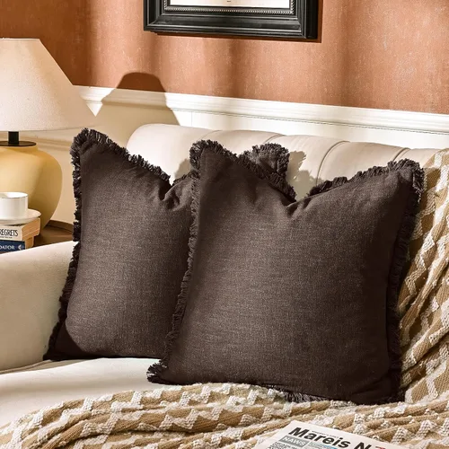 Miniatura 10 de AmHoo Paquete de 2 fundas de almohada de lino con borlas con flecos decorativas rústicas naturales para cojín de sofá, sofá, dormitorio 16 x 16 Beige