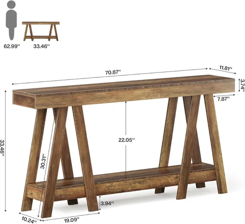 Miniatura 2 de Tribesigns Mesa consola de granja de 70.87 pulgadas, mesa decorativa de entrada de 2 niveles detrás del sofá para sala de estar, entrada, vestíbulo