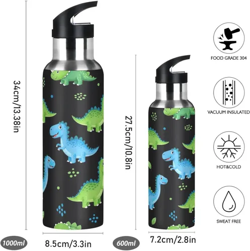 Miniatura 2 de Stainless Steel Vacuum Insulated Water Bottle 32 Oz, Leakproof Water Bottles for Gym Outdoor Travel School, Cartoon Dinosaurs Dot Black
