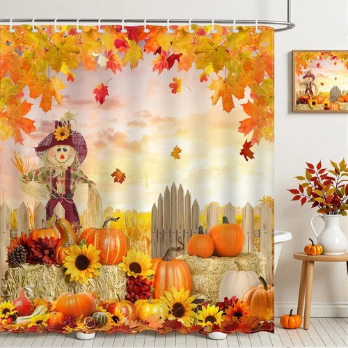 Miniatura 2 de Mocsicka Cortina de ducha de otoño, espantapájaros, calabaza, hojas lisas, girasol, linda cortina de ducha de otoño, cortina de baño de Acción