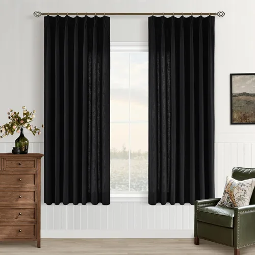 Cortinas plisadas de lino negras estilo bohemio rústico con pestaña trasera, cortinas con textura de lino semitransparentes para filtrar la luz,