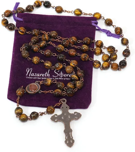 Miniatura 7 de Nazareth Store Collar de rosario con cuentas de piedra natural, 0.315 in, diseño de cobre antiguo, medalla de suelo sagrado y cruz en bolsa