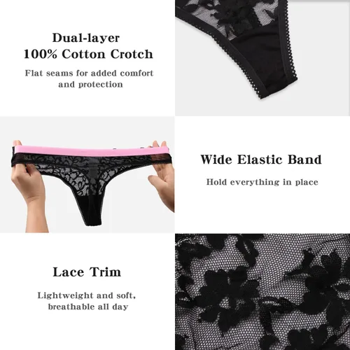 Miniatura 4 de ADOVAKKER Womens Thong Cotton Sexy Lace T Back Panties Underwear Pack of 6 Multicolored B-M