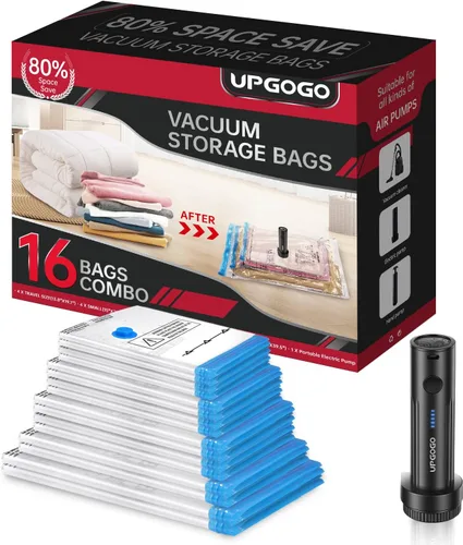 Miniatura 8 de Bolsas de almacenamiento al vacío UPGOGO con bomba eléctrica portátil, bolsas de sellado al vacío para ropa, bolsas de ahorro de espacio, bolsas
