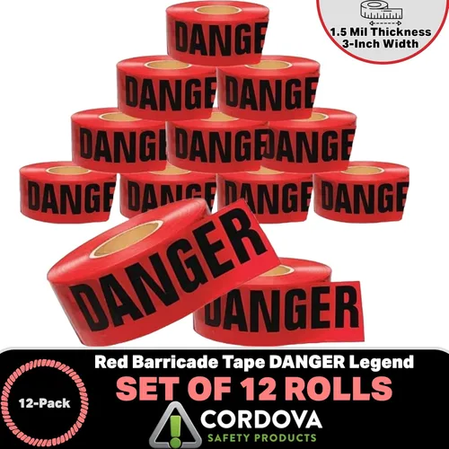 Miniatura 3 de Cordova Safety Products - T15211 Pro Pack - Cinta de barricada de peligro, juego de 12 rollos, cada rollo mide 3 pulgadas x 1000 pies, rojo, 3