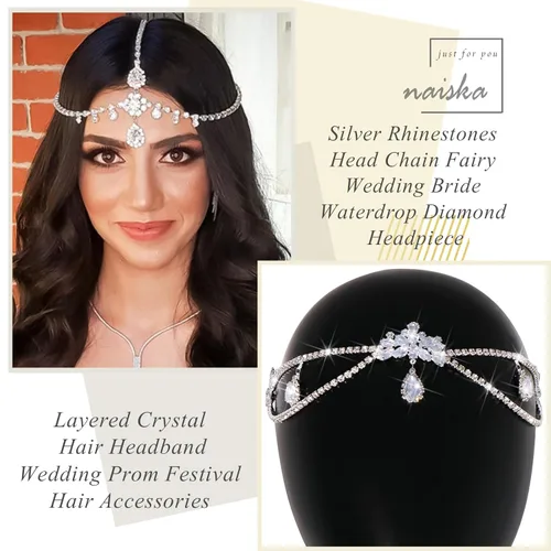 Miniatura 5 de NAISKA Cadena de cabeza dorada bohemia en capas turquesa con borlas, joyería para el cabello, festival, fiesta de graduación para mujeres y niñas