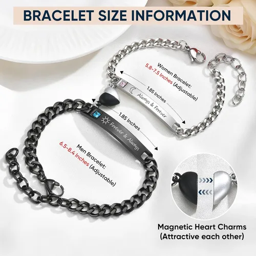 Miniatura 4 de MEALGUET Pulseras a juego para parejas para hombres y mujeres: juego de pulseras de cadena de eslabones cubanos de acero inoxidable para novio