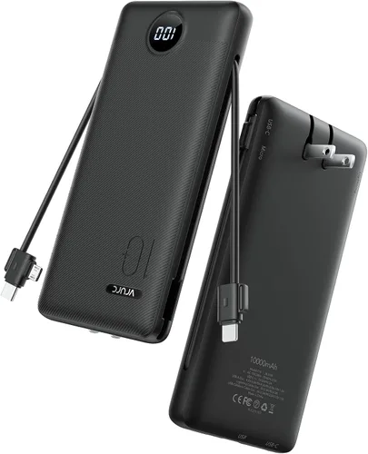 VRURC Cargador Portátil con Enchufe de Pared, 10000mAh Cargador Portátil Delgado con Cables Integrados, PD 20W Banco de Energía de Carga Rápida con