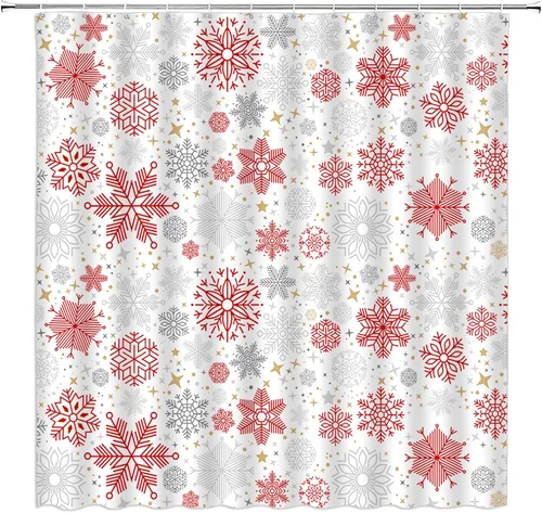 GCTNBJL Cortina de ducha con diseño de copos de nieve, color rojo y gris, estrella de nieve, invierno, vacaciones, festival, baño, hogar, cortina