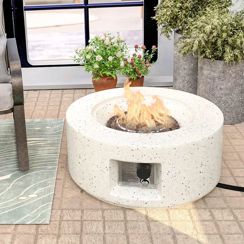 HOMPUS Fogata de propano para exteriores, 40,000 BTU de 28 pulgadas, mesa redonda de hormigón de terrazo blanco con rocas de lava y cubierta de