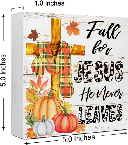 Miniatura 2 de LVQHI Letreros de madera de otoño con texto en inglés «Fall for Jesus He Never Leaves» con cruz de calabaza para el hogar, dormitorio, oficina, Caer