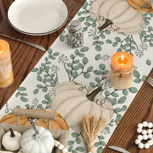 Miniatura 7 de Artoid Mode Camino de mesa de otoño con hojas de eucalipto y calabazas naranjas, decoración de mesa de comedor de cocina de Acción de Gracias