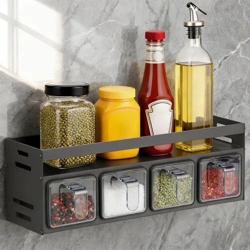 Miniatura 3 de Estante de especias de cocina, organizador de cocina y estante de almacenamiento con 4 cucharas, organización de especias para gabinetes, pared