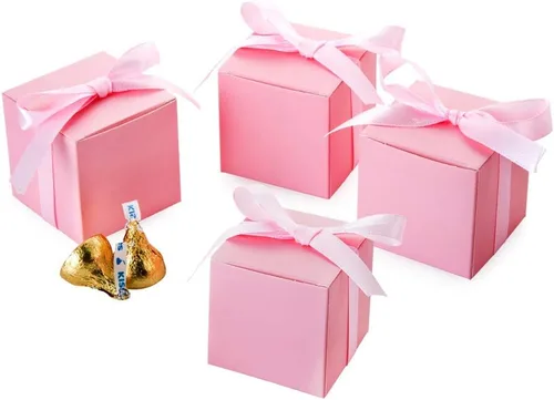 Miniatura 5 de AWELL Caja de dulces de regalo rosa a granel de 2 x 2 x 2 pulgadas con cinta rosa caja de favor de fiesta, paquete de 50 Caja rosa con cinta rosa