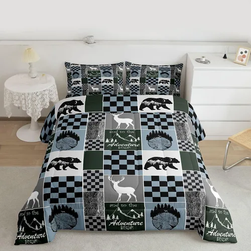 Miniatura 152 de Juego de edredón de oso y ciervo, tamaño individual, ropa de cama de animales salvajes de caza, colcha rústica de cabaña, casa de campo, cuadros