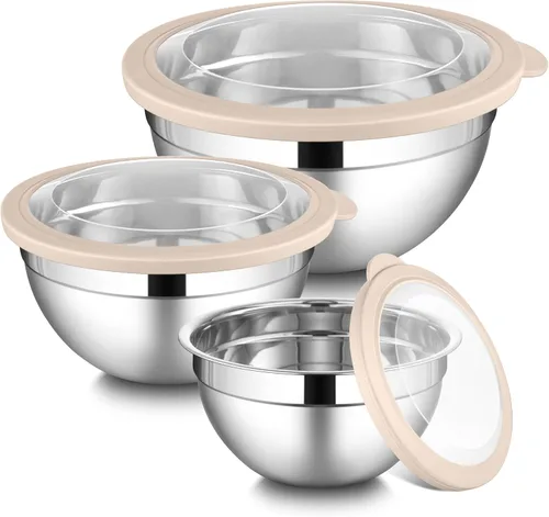 Miniatura 13 de LIANYU Juego de 3 tazones para mezclar con tapas, tazones de metal de acero inoxidable anidables grandes y pequeños para almacenamiento de cocina