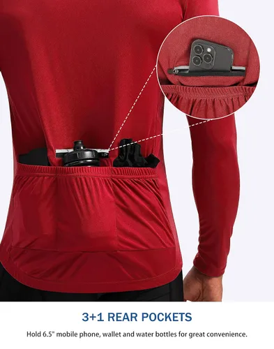 Miniatura 3 de Maillot de ciclismo para hombre con 3+1 bolsillos traseros con cremallera, manga larga, absorción de humedad, UPF 50+ media cremallera
