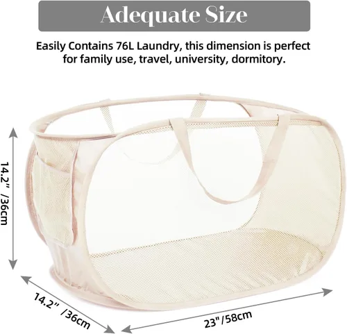 Miniatura 3 de Cestas de lavandería plegables duraderas, cesta de lavandería desplegable de malla con bolsillo lateral, cesta de ropa plegable con asas de 2 x beige