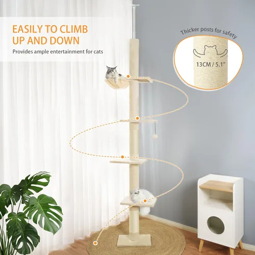 Miniatura 6 de Árbol para gatos de piso a techo, torre para gatos con altura ajustable de 98-110 pulgadas, árbol para gatos de 5 niveles con cama acogedora